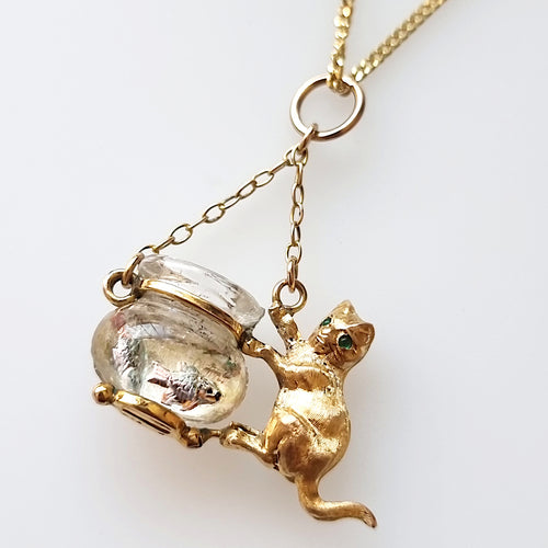 Vintage 9ct Gold Cat & Fish Bowl Pendant with chain