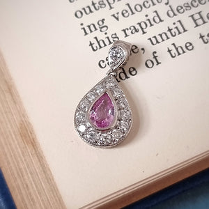 Vintage 18ct White Gold Pink Sapphire & Diamond Pendant on book
