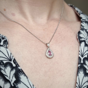 Vintage 18ct White Gold Pink Sapphire & Diamond Pendant modelled with chain