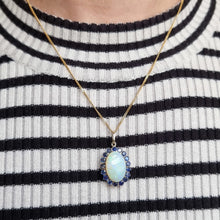 Load image into Gallery viewer, Vintage 9ct Gold Opal &amp; Sapphire Cluster Pendant modelled with chain
