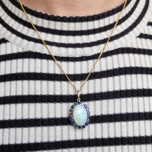 Vintage 9ct Gold Opal & Sapphire Cluster Pendant modelled with chain
