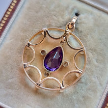 Load image into Gallery viewer, Antique 18ct Gold Amethyst, Diamond &amp; Pearl Pendant in Original Box back
