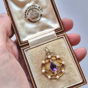 Antique 18ct Gold Amethyst, Diamond & Pearl Pendant in Original Box in hand
