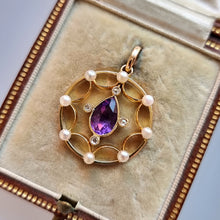 Load image into Gallery viewer, Antique 18ct Gold Amethyst, Diamond &amp; Pearl Pendant in Original Box front
