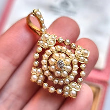 Load image into Gallery viewer, Victorian 15ct Gold Pearl &amp; Diamond Pendant in hand
