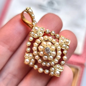 Victorian 15ct Gold Pearl & Diamond Pendant in hand