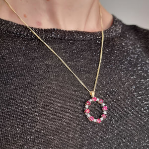 18ct Gold Ruby & Diamond Circle Pendant modelled with chain