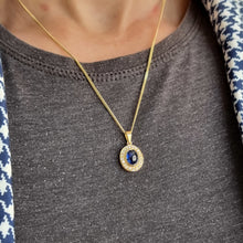 Load image into Gallery viewer, Vintage 18ct Gold Cabochon Sapphire &amp; Diamond Oval Pendant modelled with chain
