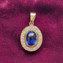 Load image into Gallery viewer, Vintage 18ct Gold Cabochon Sapphire &amp; Diamond Oval Pendant front
