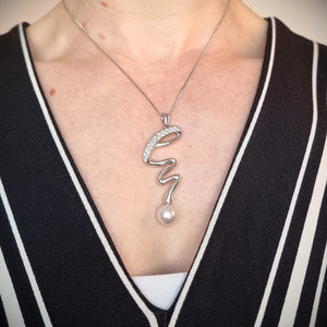 18ct White Gold Pearl and Diamond Twist Pendant with Chain modelled