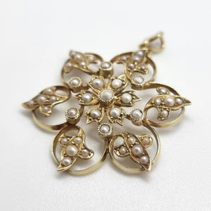 Antique 9ct Gold Seed Pearl Flower Pendant side