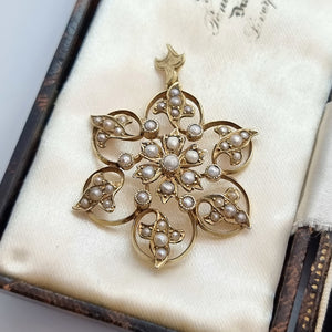 Antique 9ct Gold Seed Pearl Flower Pendant in box