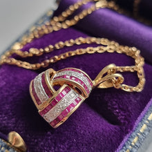 Load image into Gallery viewer, Vintage 9ct Gold Ruby and Diamond Knot Pendant side
