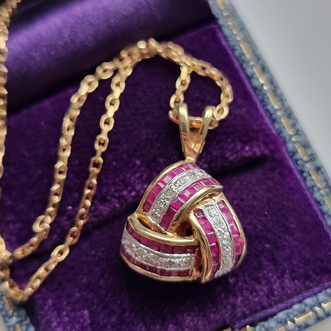 Vintage 9ct Gold Ruby and Diamond Knot Pendant front