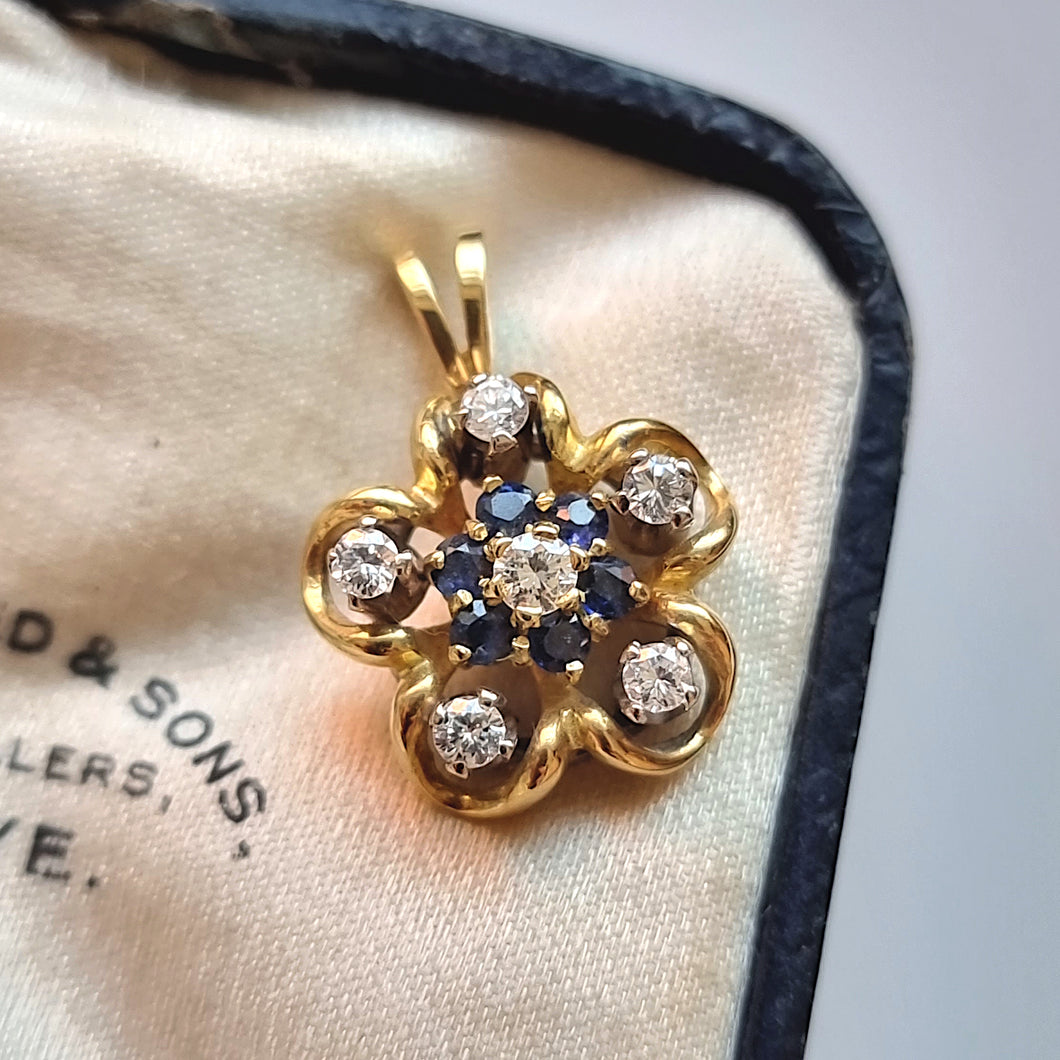 Vintage 18ct Gold Sapphire and Diamond Flower Pendant front