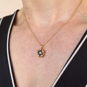 Vintage 18ct Gold Sapphire and Diamond Flower Pendant modelled with chain