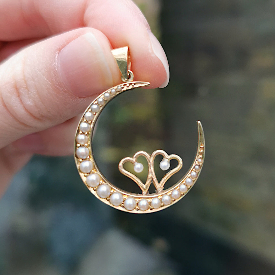 Antique 9ct Gold Heart Crescent Pendant