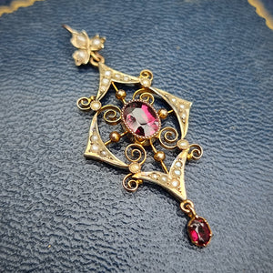 Antique 9ct Gold Garnet & Pearl Drop Pendant