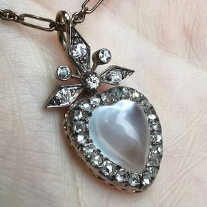 Antique 9ct Gold Moonstone & Diamond Heart Pendant