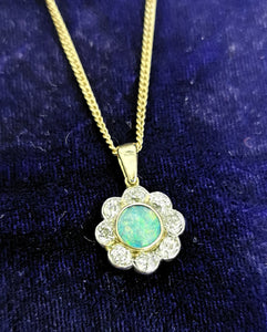 Antique 18ct Gold Opal & Diamond Cluster Pendant