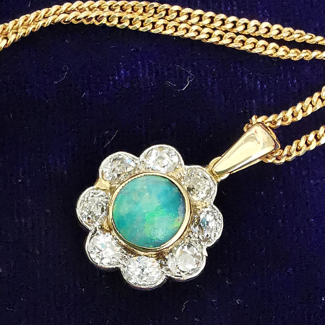 Antique 18ct Gold Opal & Diamond Cluster Pendant