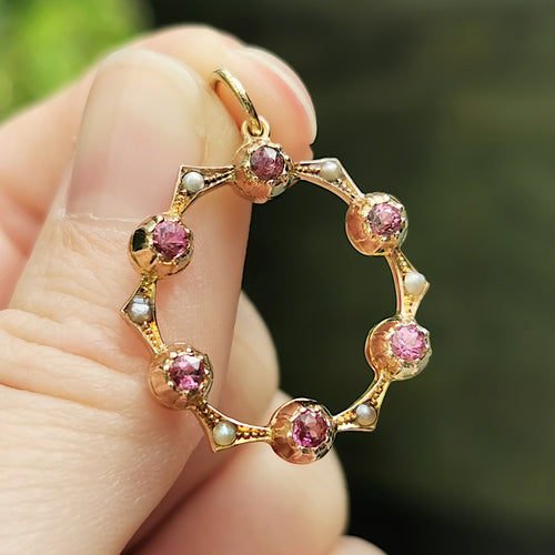 Antique 9ct Pink Tourmaline & Seed Pearl Circle Pendant