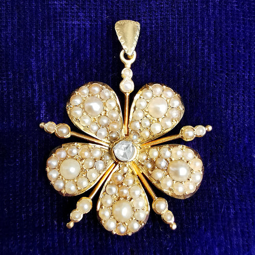 Victorian 15ct Gold Diamond & Seed Pearl Flower Pendant