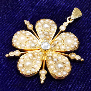 Victorian 15ct Gold Diamond & Seed Pearl Flower Pendant