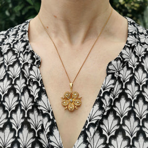 Victorian 15ct Gold Diamond & Seed Pearl Flower Pendant