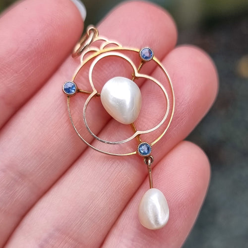 Antique 9ct Gold Sapphire & Baroque Pearl Drop Pendant