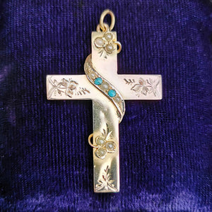Victorian 12ct Gold Turquoise & Seed Pearl Cross