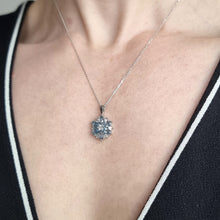 Load image into Gallery viewer, Vintage 18ct White Gold Aquamarine &amp; Diamond Pendant with Chain MODELLED
