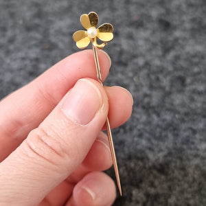 Antique 15ct Gold Clover Pearl Stick/Tie Pin in hand