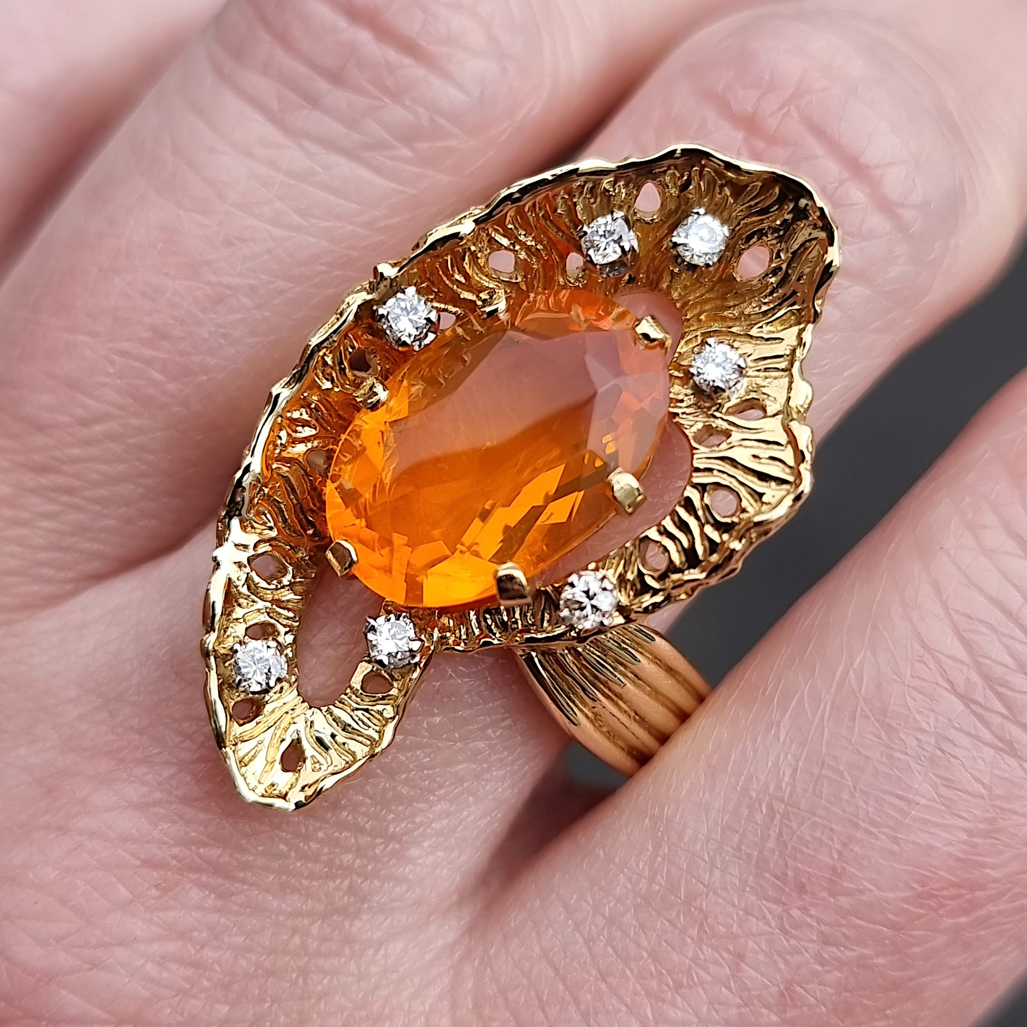 Vintage 18ct Gold Fire Opal & Diamond Statement Ring, 3.25ct