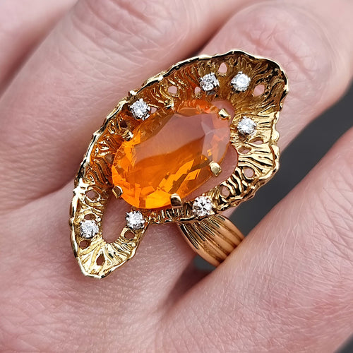 Vintage 18ct Gold Fire Opal & Diamond Statement Ring modelled