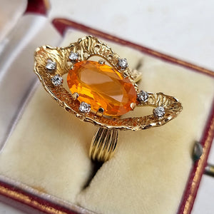 Vintage 18ct Gold Fire Opal & Diamond Statement Ring in box