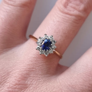 Vintage 18ct Gold Sapphire and Diamond Oval Cluster Ring modelled