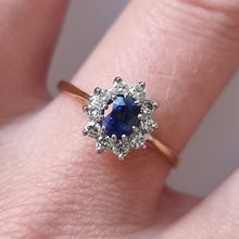 Load image into Gallery viewer, Vintage 18ct Gold Sapphire and Diamond Oval Cluster Ring modelled
