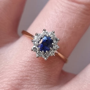 Vintage 18ct Gold Sapphire and Diamond Oval Cluster Ring modelled