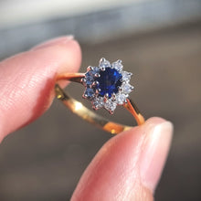 Load image into Gallery viewer, Vintage 18ct Gold Sapphire and Diamond Oval Cluster Ring in hand
