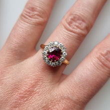 Load image into Gallery viewer, Vintage 18ct Gold Ruby &amp; Diamond Cluster Ring modelled
