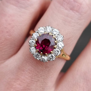Vintage 18ct Gold Ruby & Diamond Cluster Ring modelled