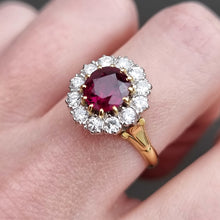 Load image into Gallery viewer, Vintage 18ct Gold Ruby &amp; Diamond Cluster Ring modelled

