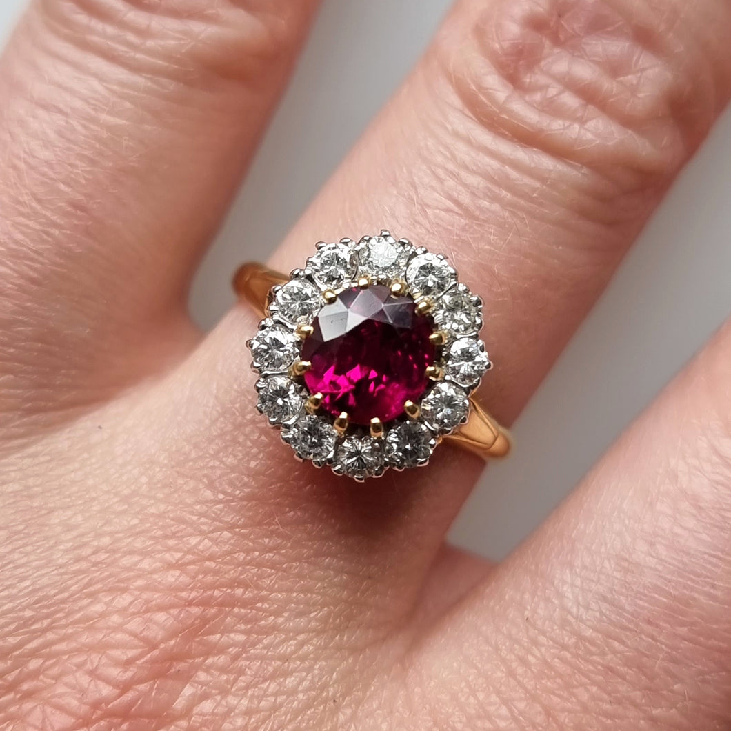 Vintage 18ct Gold Ruby & Diamond Cluster Ring modelled