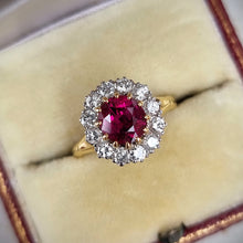 Load image into Gallery viewer, Vintage 18ct Gold Ruby &amp; Diamond Cluster Ring in box
