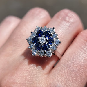 Vintage 18ct White Gold Sapphire & Diamond Cluster Ring, 0.85ct modelled