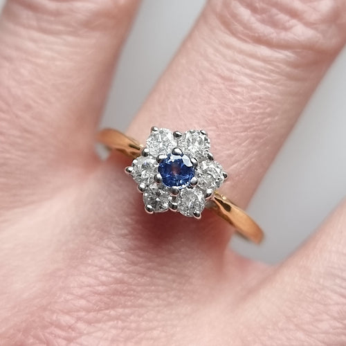 Vintage 18ct Gold Sapphire and Diamond Cluster Ring, 0.50ct modelled