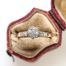 Load image into Gallery viewer, Vintage 18ct Gold &amp; Platinum Diamond Illusion Set Cluster Ring in box

