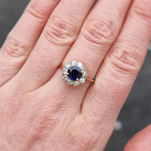 Load image into Gallery viewer, Vintage 18ct Gold Sapphire &amp; Diamond Cluster Ring modelled on finger

