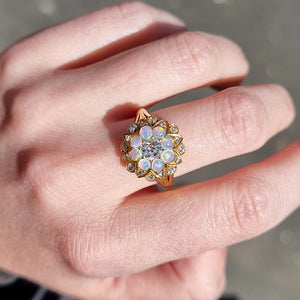 Antique 18ct Gold Opal & Diamond Cluster Ring modelled